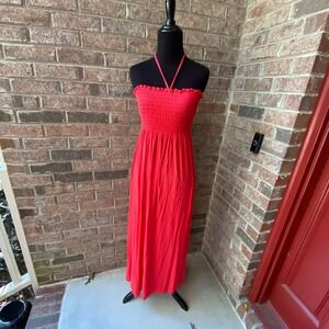 Sakkas Red Smocked Halter Maxi‎ Dress Strapless Convertible Boho Style